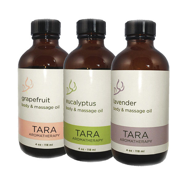 TARA Naturally Scented Body & Massage Oil blends, made with 100% unadulterated essential oils, are available in three natural Essential Oil scents: Eucalyptus, Grapefruit and Lavender. Nourishing and hydrating to the skin without feeling greasy. Ideal for massage or after shower moisturizing.