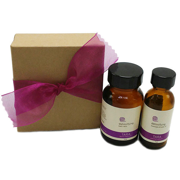 Detox In A Box - Gently encourages detoxification and lymphatic drainage with botanicals of Juniper, Grapefruit and Burdock. Includes: 1 oz. Detoxifying Body & Massage Oil and 2 oz. Body Purifier Bath Therapy Salts. and a 1 oz. Great for gifts and travel!