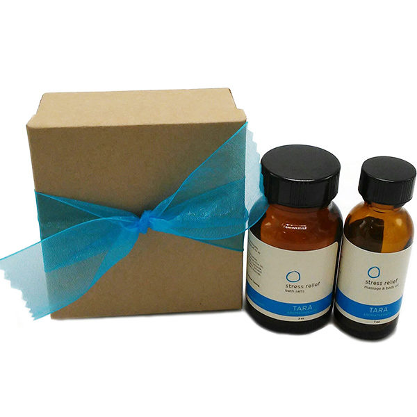 Stress Relief In A Box - Relieves everyday stress and tension and restores inner peace with botanicals of Lavender, Chamomile & Bergamot. Includes: 1 oz. Stress Relieving Body & Massage Oil and 2 oz. Stress Relief Bath Therapy Salts (packaged in a gift box). Great for gifts and travel!
