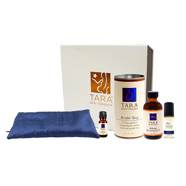 SLEEP & DEEP REST WELLNESS AT HOME KIT- Tara's top remedies for unwinding the nervous system, inducing deep rest and supporting a good night’s sleep, which is essential to promoting overall health. Includes: Starlight Blue Silk Eye Pillow, 16 oz Restful Sleep Bath Therapy Salts, 4 oz Relaxing Body & Massage Oil, 1 oz Deep Rest Aromatherapy Roll-On Remedy Lotion and 10 ml Relaxing Bath & Diffuser Oil.